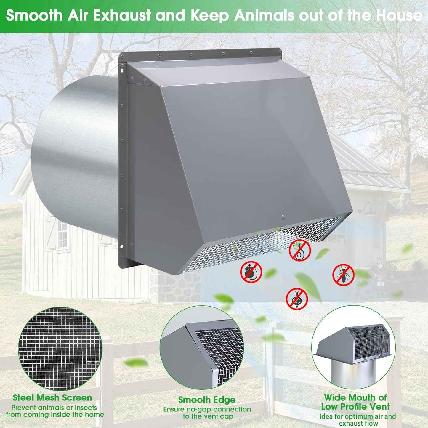 5-Inch Exterior Dryer Vent Cover with Screen & Damper - Galvanized Steel, Black