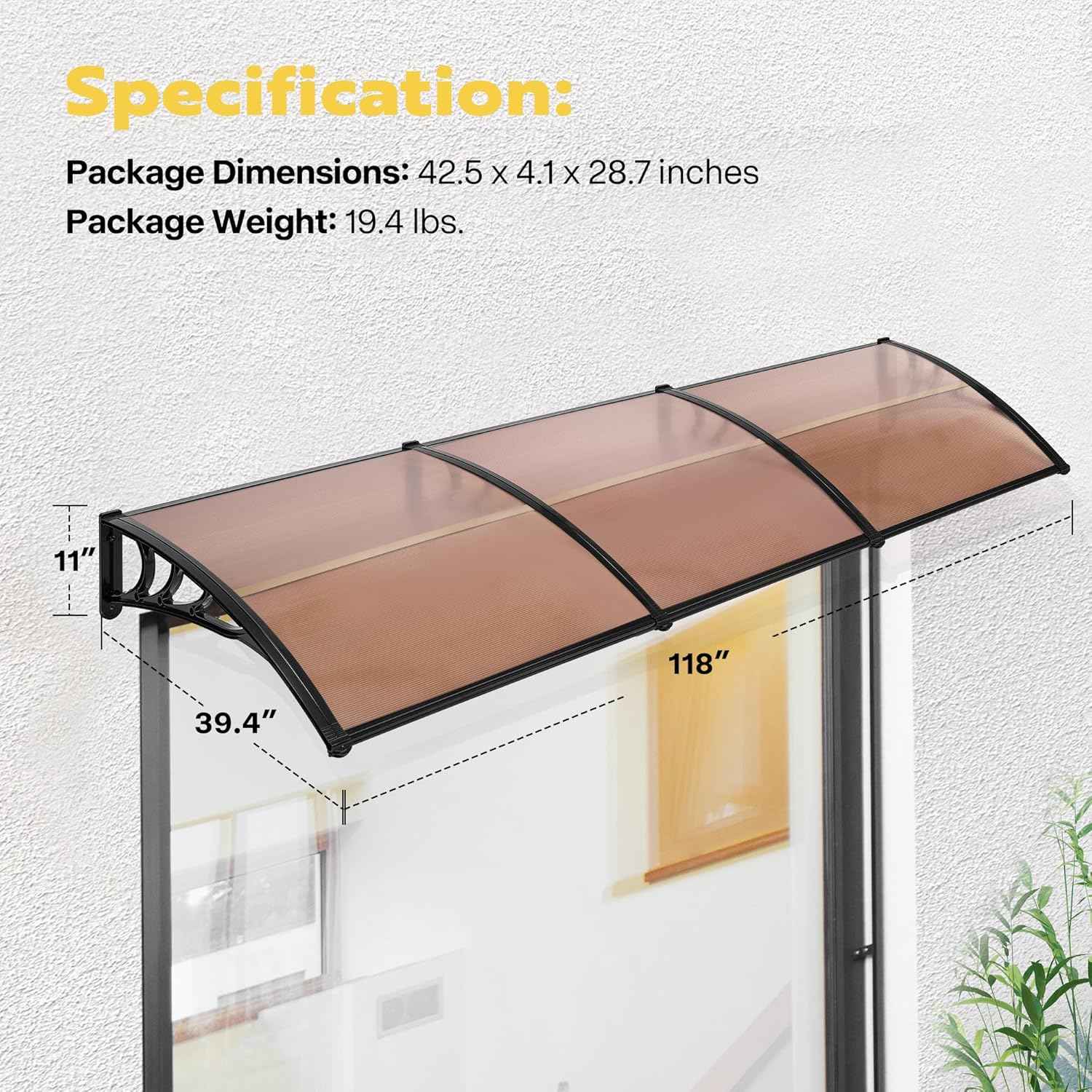 40-Inch VIVOHOME Polycarbonate Window Door Awning Canopy - Brown with Black Bracket