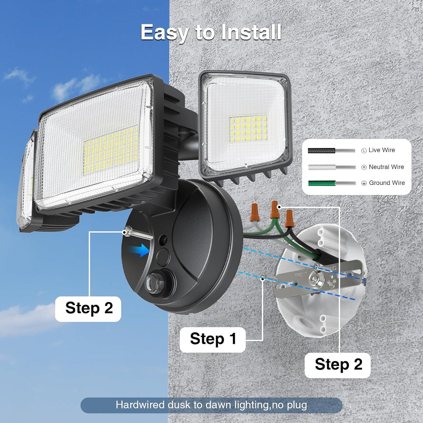 100W Dusk to Dawn LED Outdoor Flood Light - 11000LM Waterproof Security Light with 3 Heads Photocell for Garage & Yard