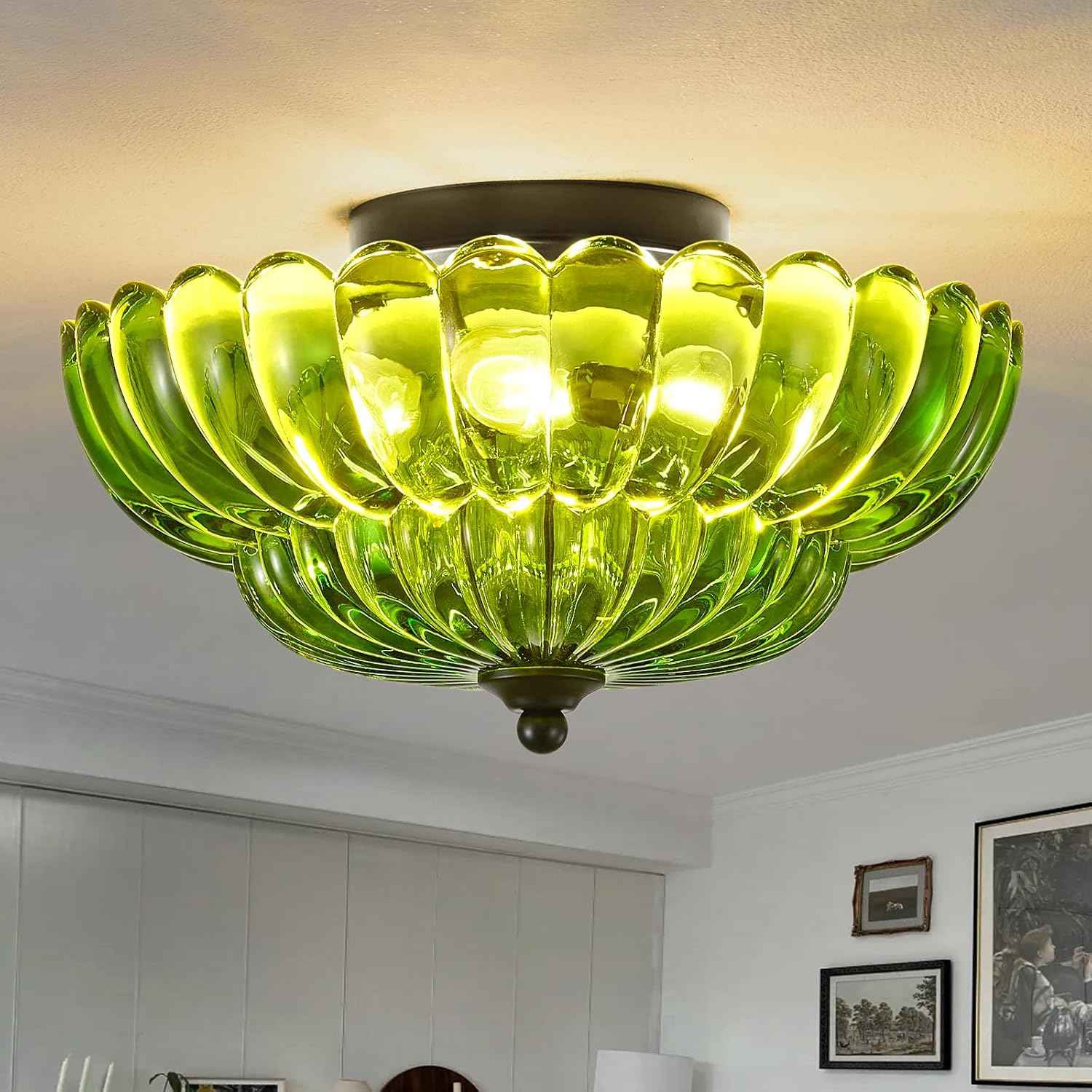Modern 3-Bulb Semi Flush Mount Ceiling Light Fixture - Vintage Amber Glass for Bedroom, Kitchen, Living Room