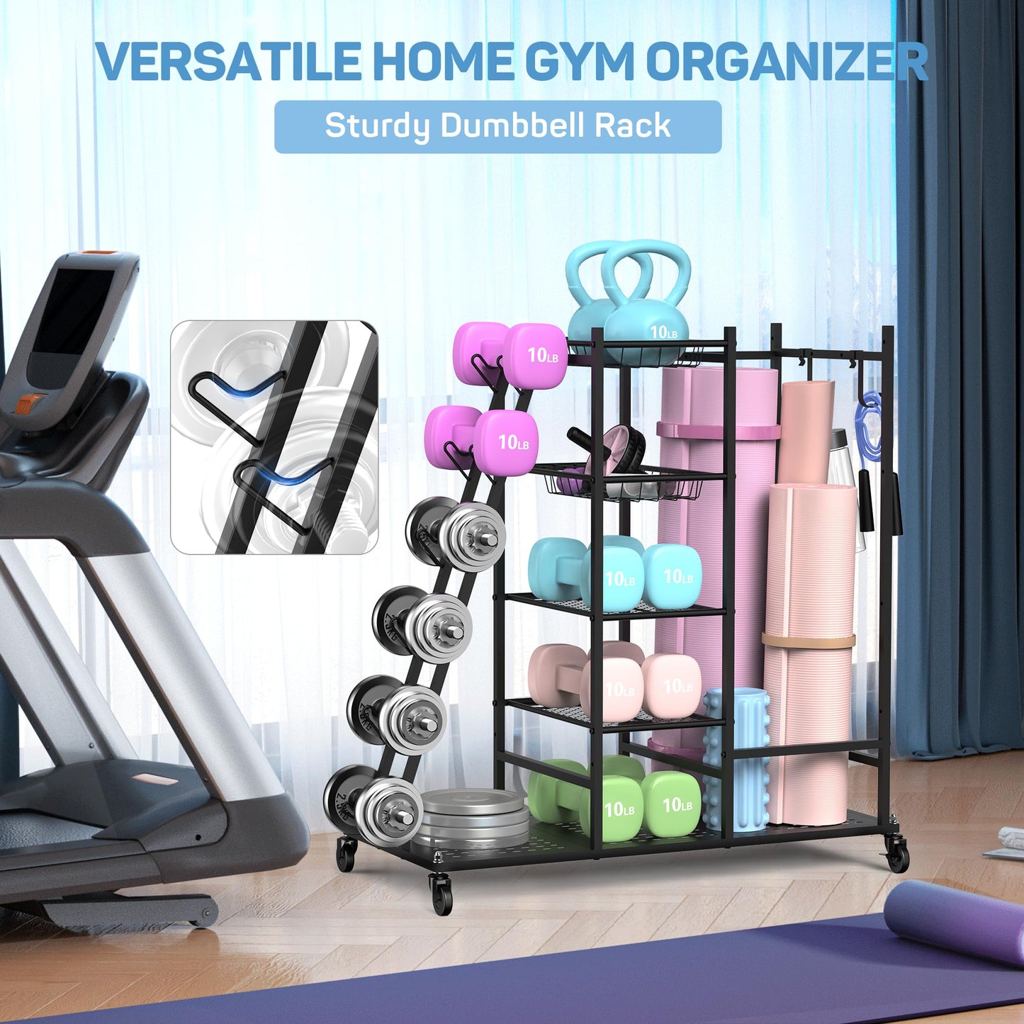 PLKOW Rolling Dumbbell Rack and Home Gym Storage Organizer, Black