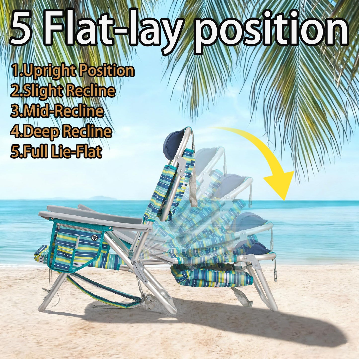 ALPOME Aluminum Backpack Low Profile Beach Chair - 5-Position Lay Flat Reclining Folding Chair with Removable Cooler Bag - Heavy Duty 330 lbs Capacity, Lightweight Portable Sand Seat - Striped Green