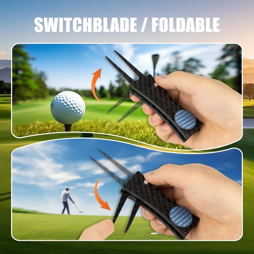 SANDIAN, Golf Divot Tool, Strong Super Light Carbon Fiber T800 Made Switchblade Foldable, Magnetic Ball Marker, Leather Holster, Easy to Carry in Pocket, for Professional and All Golfers