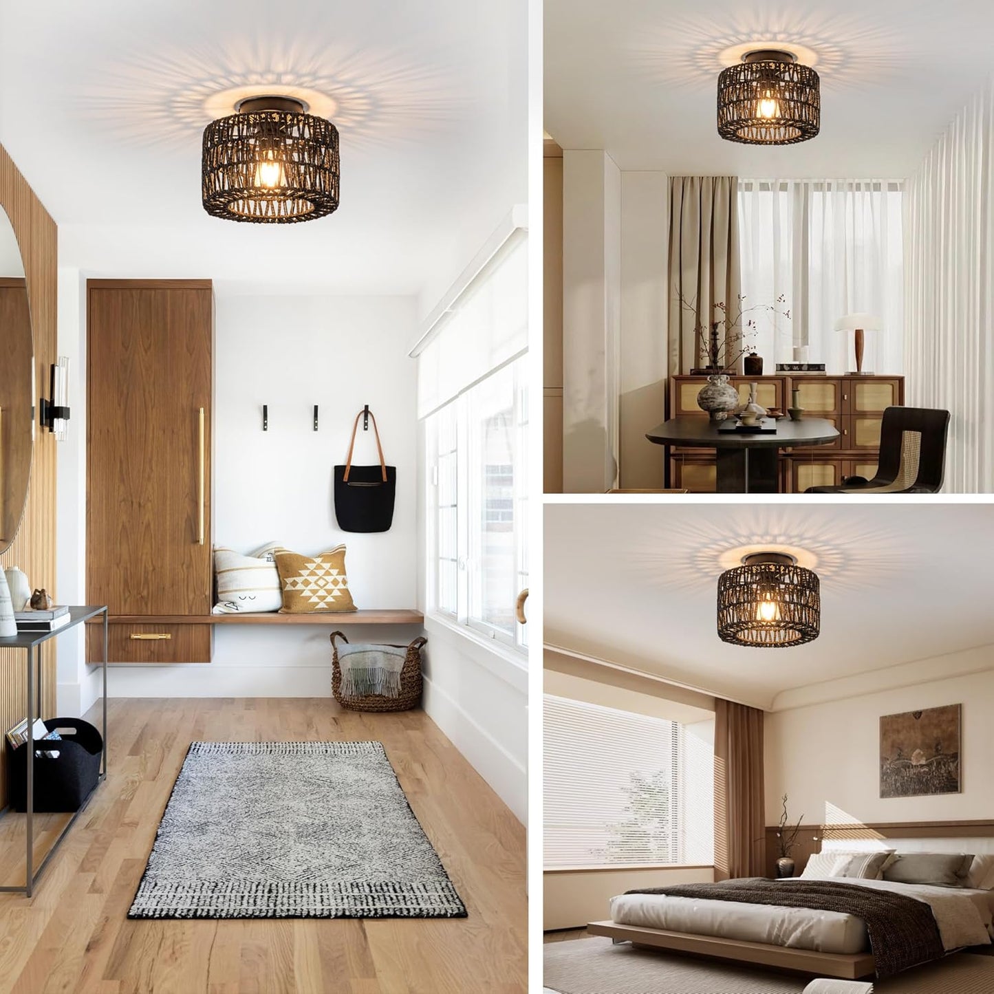 Bohemian Rattan Ceiling Light Fixture - 3-Light Woven Flush Mount for Bedroom & Living Room