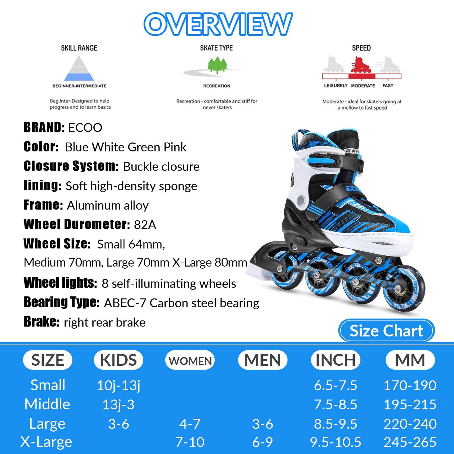 ECOO Adjustable Inline Skates Boys and Girls with Light up Wheels,Roller Skates for Kids Ages 4-12, Teen Skates for Beginner Outdoor and Indoor (Blue, Medium-Big Kids(13j-3 US))