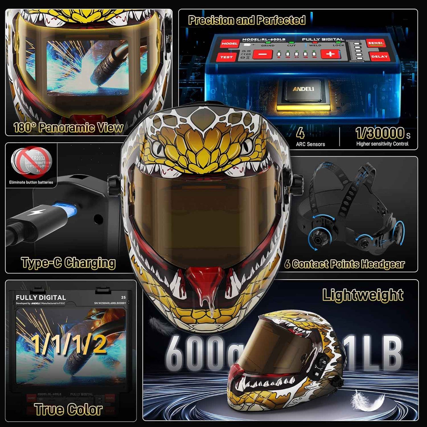 ANDELI Auto Darkening Welding Helmet - 180° Panoramic View, Solar & Rechargeable, True Color Shade 4/5-9/9-13