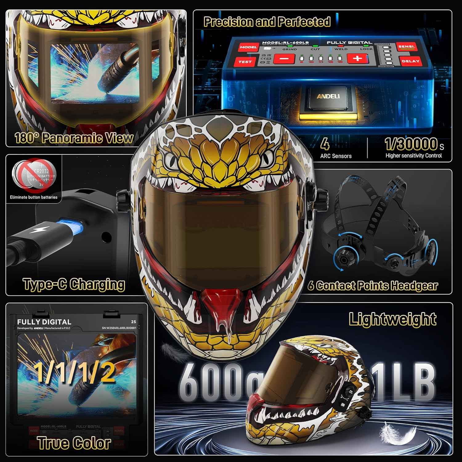 ANDELI Auto Darkening Welding Helmet - 180° Panoramic View, Solar & Rechargeable, True Color Shade 4/5-9/9-13