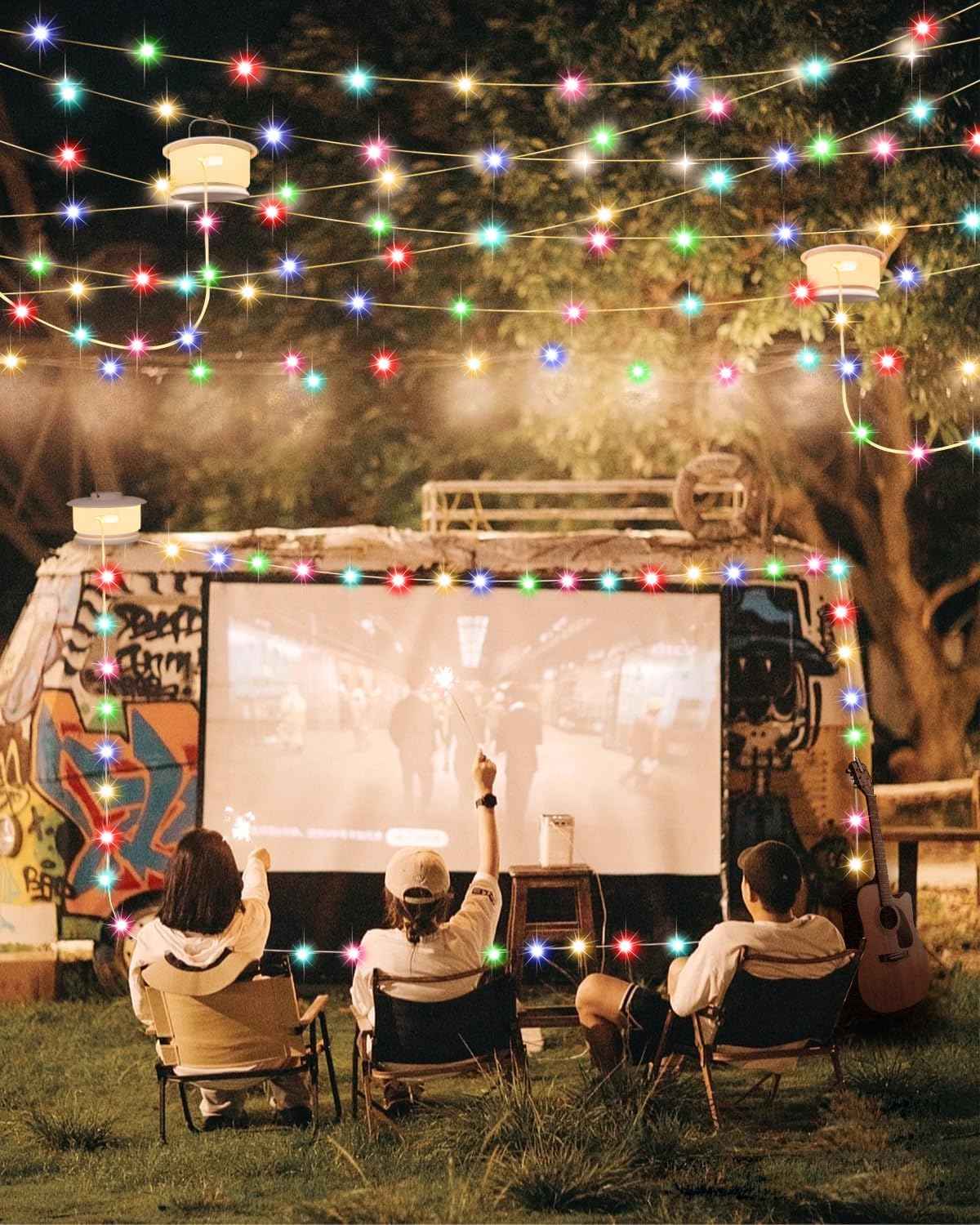 Camping String Lights 33FT, 4 in 1 RGB Retractable Camping Lights with 19 Lighting Modes,Quick 20s Storage,Waterproof,Portable Camping Lantern,Rechargeable Tent Lights for Garden Party Christmas Decor