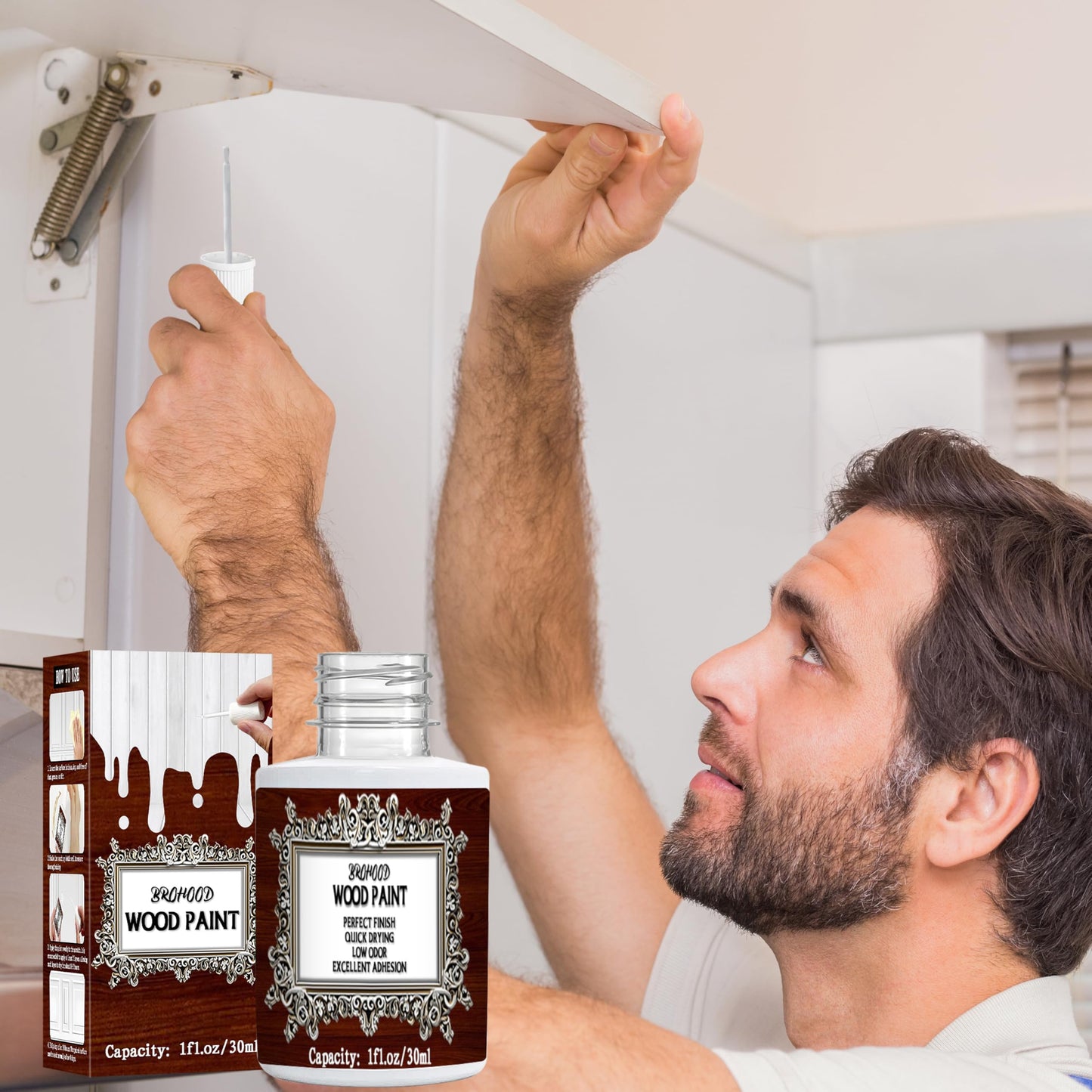 Brohood Wood Paint for Furniture Cabinet Kitchen Door, Semi-Gloss White Scratch Repair for Wood Surface Renovation, 1 Oz White Paint for Spots and Chips