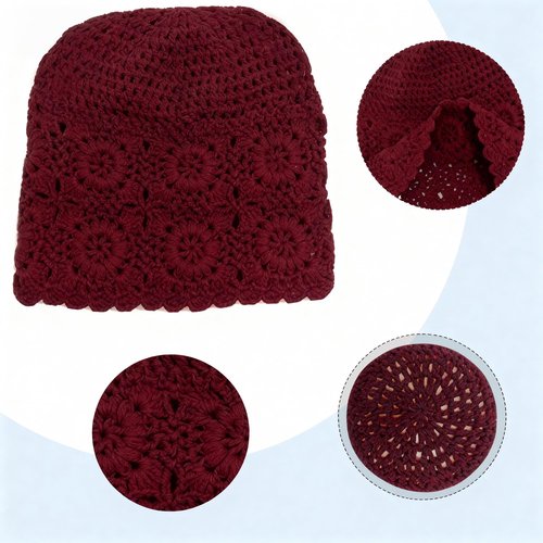 Hshsclth 100% Cotton Crochet Beanie Hat Handmade Knit Slouchy Floral Skull Hat Knitted Openwork Summer hat for Women (Dull Red)