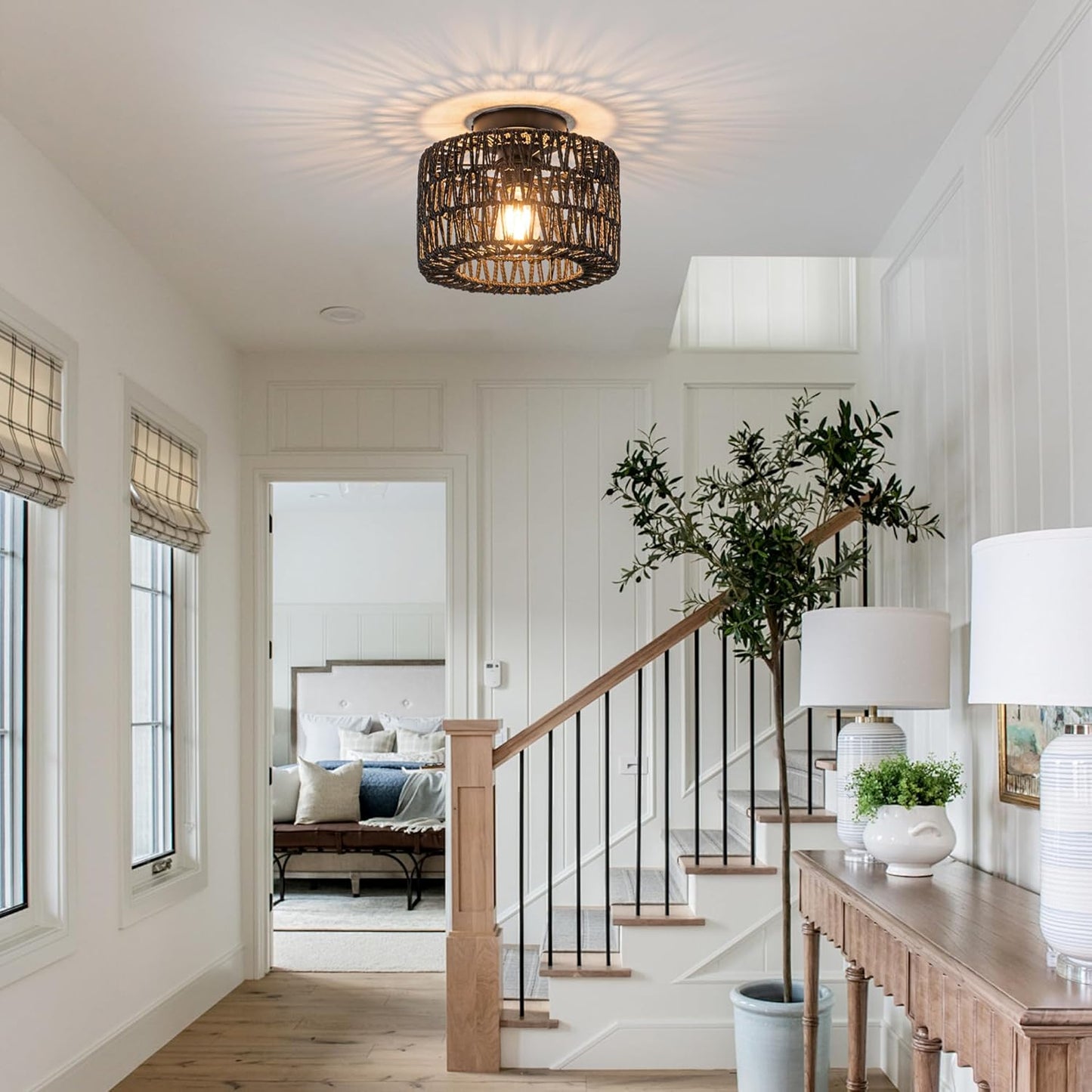Bohemian Rattan Ceiling Light Fixture - 3-Light Woven Flush Mount for Bedroom & Living Room