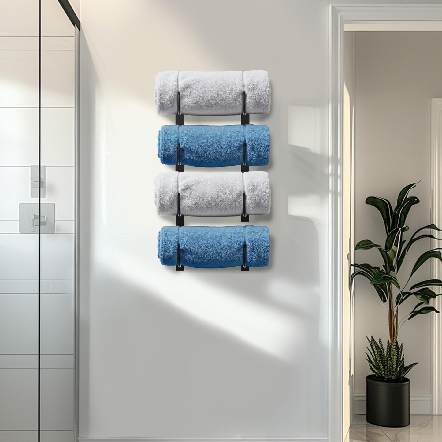 Bathroom Rolled Towel Rack: 4-Tier Wall Mounted Towel Storage Holder, Hanging Organizer for Towels, Blankets, Large Bath Sheets, Space Saving in RV, Closet, Toilet, Cabinet, Black Metal