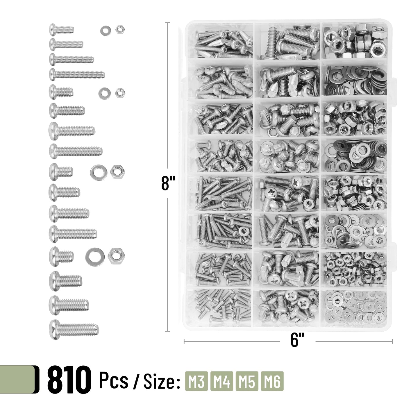 Mr. Pen- Nuts and Bolts Assortment Kit, 810 pcs, Stainless Steel M3 M4 M5 M6 Phillips Pan Head Assorted Nuts and Bolts, Machine Screw Assortment Kit with Clear Storage Box