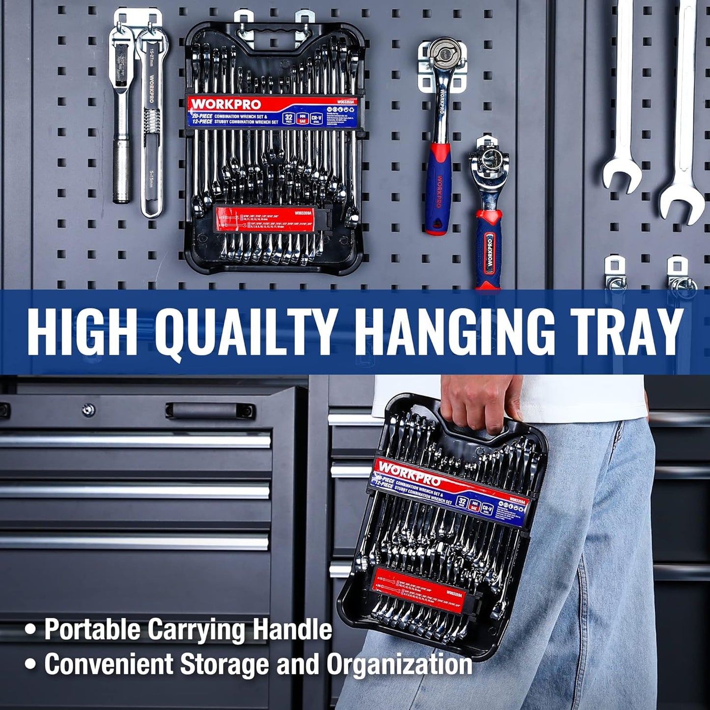 WORKPRO 32-Piece Wrench Set - SAE & Metric Combination with Organizer Tray, Cr-V Steel