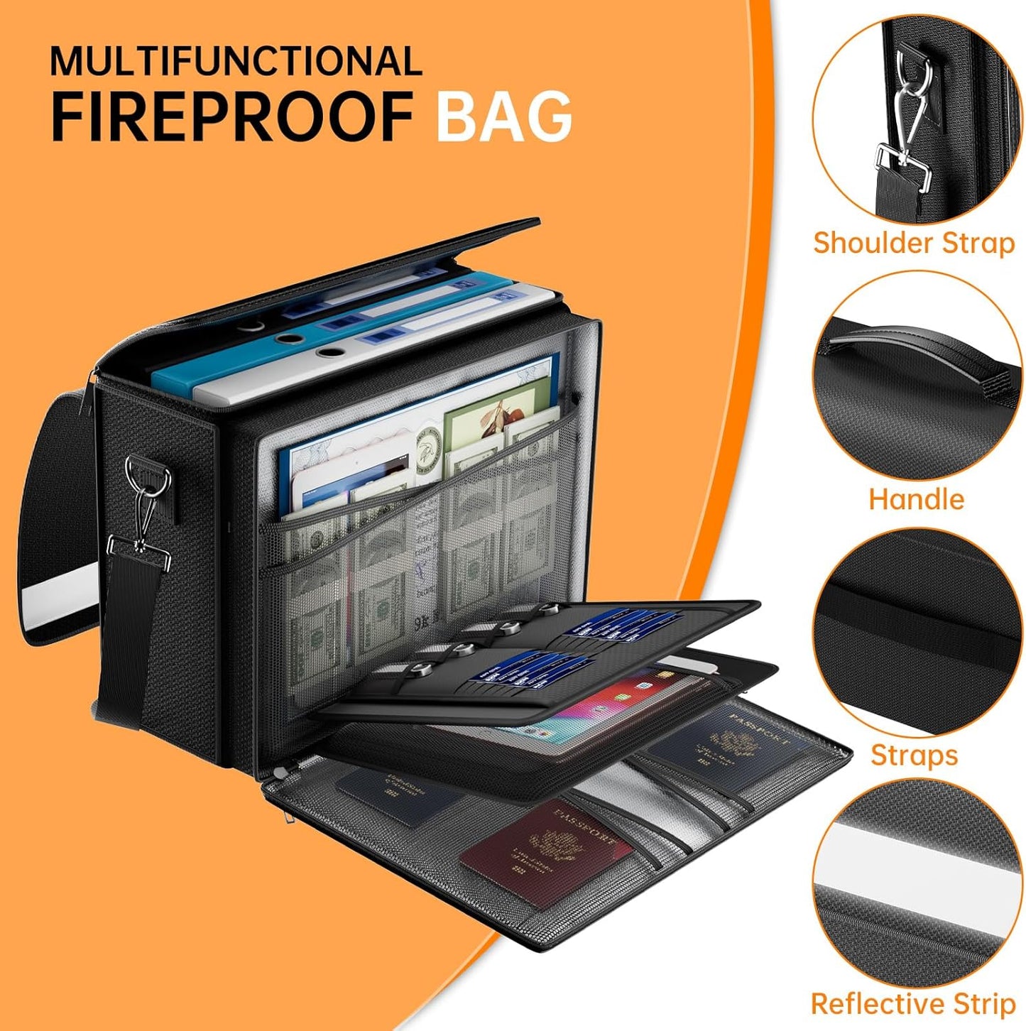 Fireproof Document Bag - Large 17”x12.5”x7.2” Waterproof Organizer with Multiple Pockets for Home & Office
