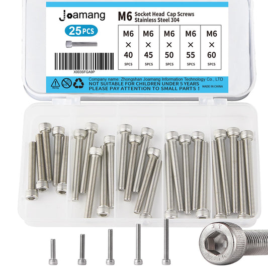 Joamang M6 x 40mm 45mm 50mm 55mm 60mm Socket Head Cap Screws Bolts, Stainless Steel 304, Metric Allen Hex Drive, Bright Finish, Fully Threaded, Assortment Kit 25PCS
