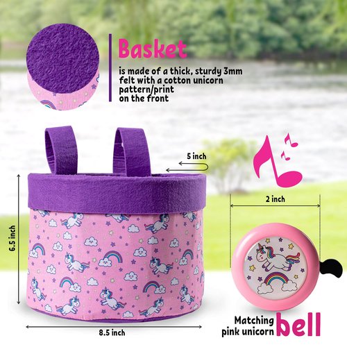 Unicorn Streamers Bike Basket for Girls - Front Facing, Bicycle Bell & Accessories w/Girls Bike Bell for Kids