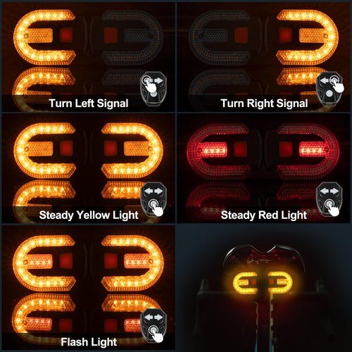 ChimimeDecor 2Pcs Bicycle Turn Signals with Alarm, Split/Integrated Bicycle Tail Light, Brake Light, 5 Light Modes, USB Rechargeable, Waterproof, Remote Control & Detachable for Safe Night Cycling