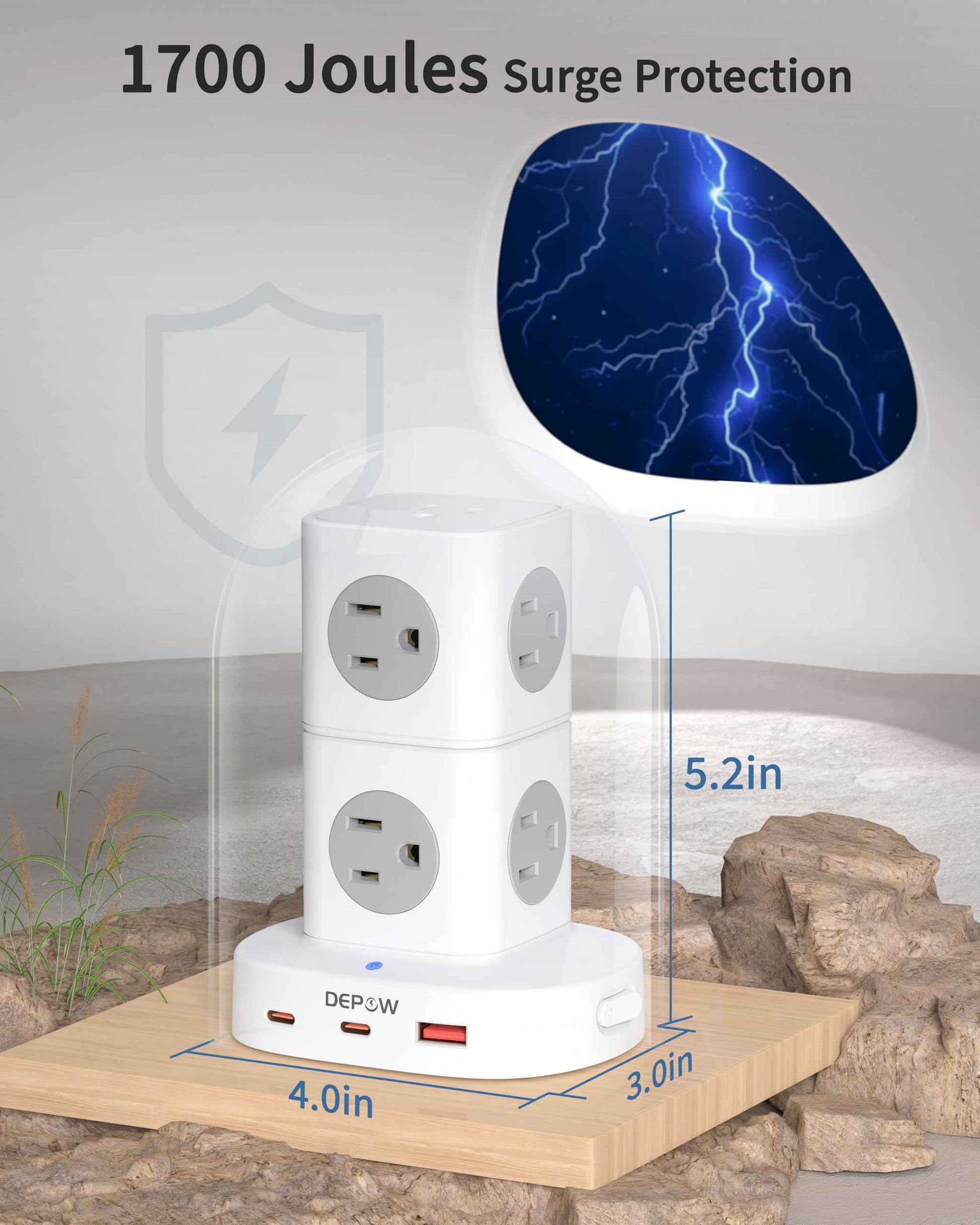 DEPOW 2 Prong Power Strip, 2 to 3 Prong Outlet Adapter with 9 Outlets 3 USB Ports (2 USB C), 1700J Two Prong Surge Protector, 5FT Extension Cord, Wall Mount for Old House Non-Grounded Outlets
