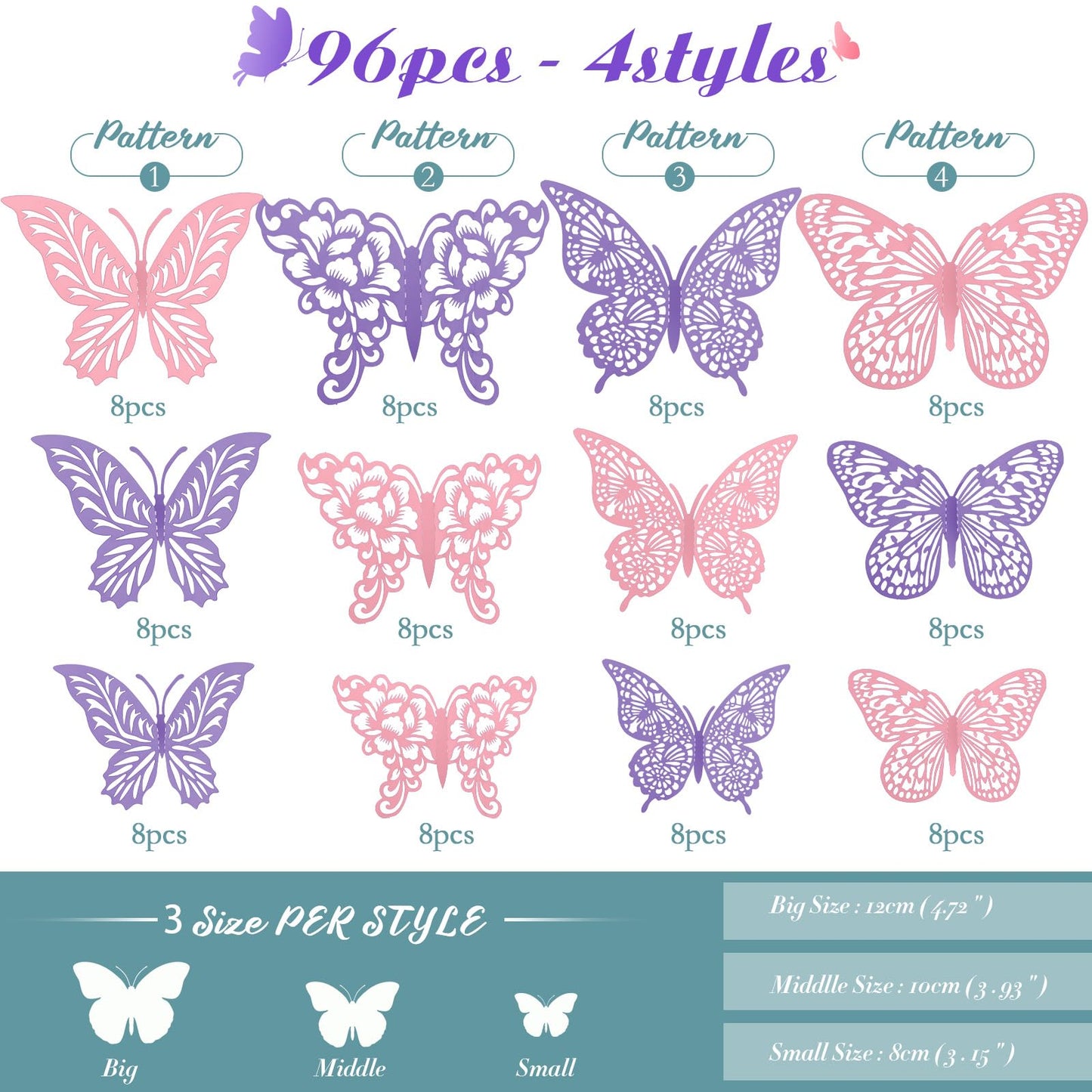 3D Gold Butterfly Wall Decor 3 Sizes 4 Styles Butterfly Party Decorations Cake Decorations Removable Stickers Wall Decor Room Mural Metallic Kids (Purple+Pink, 96Pcs)