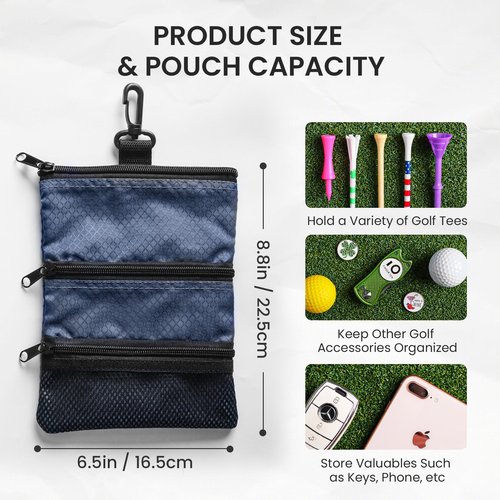 FINGER TEN Golf Pouch Bag for Valuables Tee Color with 4 Golf Pencil Pack, Zippered Pocket Gear Clip Hook to Bag (Blue Pouch Bag)