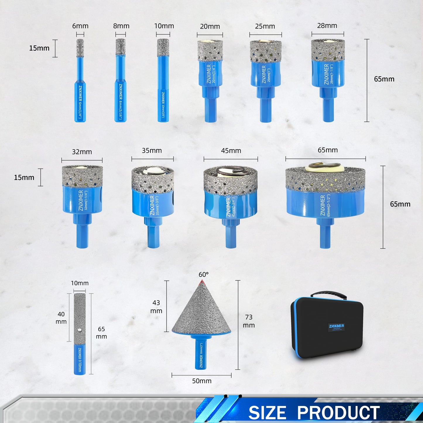 Diamond Tile Hole Saw Kit - ZNXIMER Porcelain Tile Drill Bits Set for Ceramic, Granite, Marble and More Drilling - 12pcs Diamond Core Drill Bits Set(6/8/10/20/25/28/32/35/45/65MM/2/10MM)