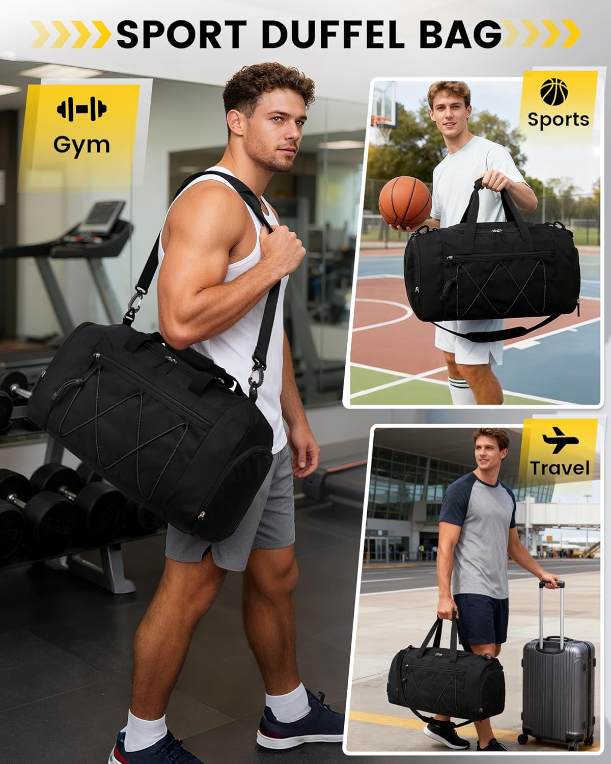 Vorspack Gym Bag for Men - 21-Inch Water-Resistant Duffle with Shoe Compartment | Black Travel Bag