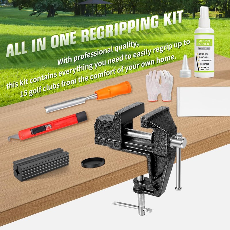 lovivid Golf Grip Kit for Regripping Golf Clubs - Include Portable Table Vise Rubber Clamp, 15 Tapes Strips, Golf Grip Removal Tool with Solvent
