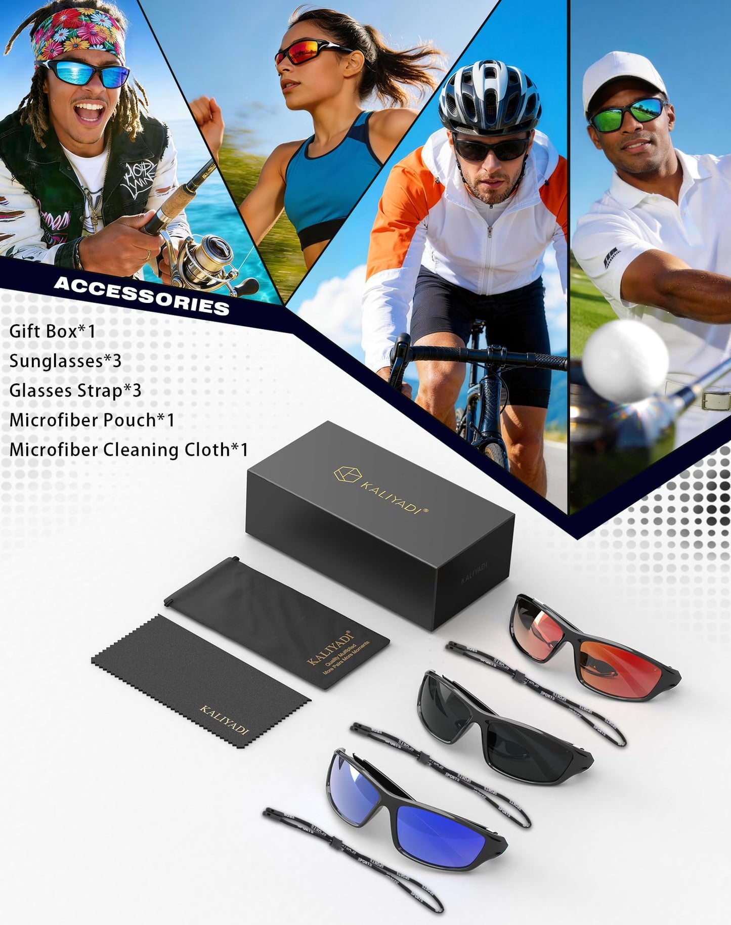KALIYADI Sports Polarized Sunglasses Men UV400 Protection for Fishing Driving Cycling, Black/Green/Red, 3 Pack