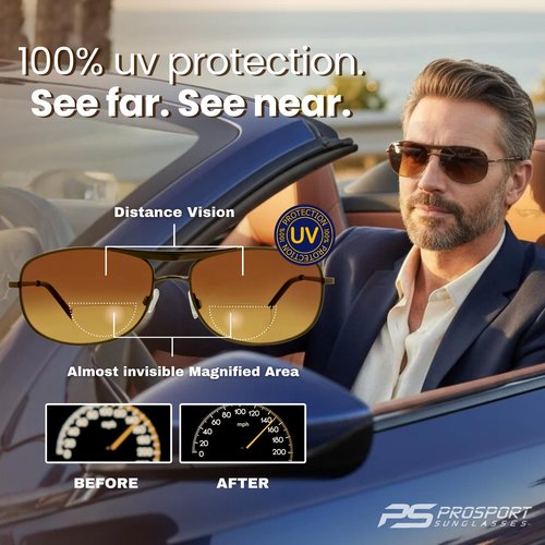 proSPORT Aviator Bifocal Sunglasses +2.00 Bronze Frame Brown Lens Bifocal for Men and Women