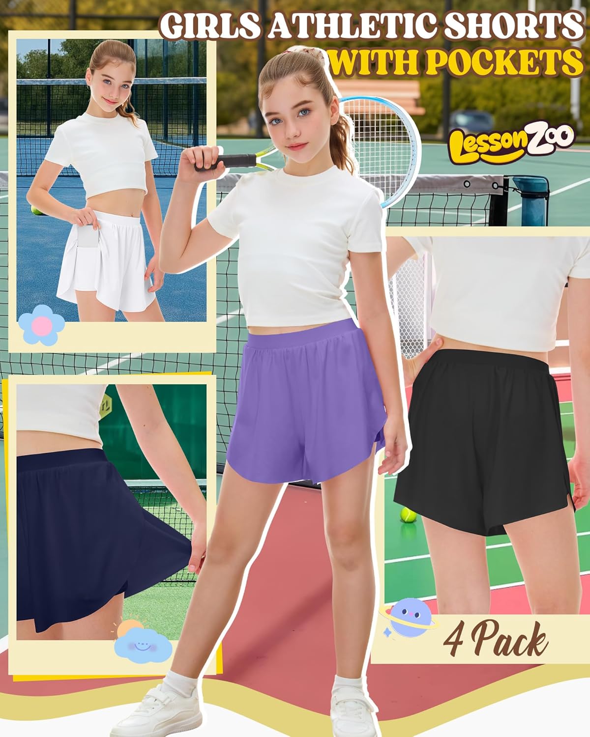 Skiennix Girls' Athletic Shorts - 2-in-1 Flowy Butterfly Skirts | Quick Dry High Waist with Pockets - 4 Pack