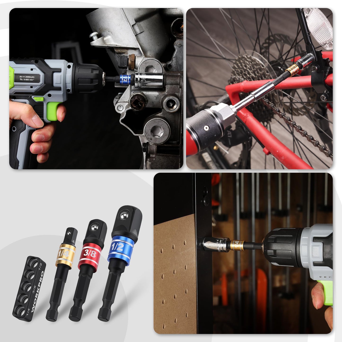 WORKPRO Impact Grade Socket Adapter Set, 1/4", 3/8", & 1/2" Drive, Extension Driver Bit With Holder, for Power Drill to High Torque Impact Wrench, 6PCS