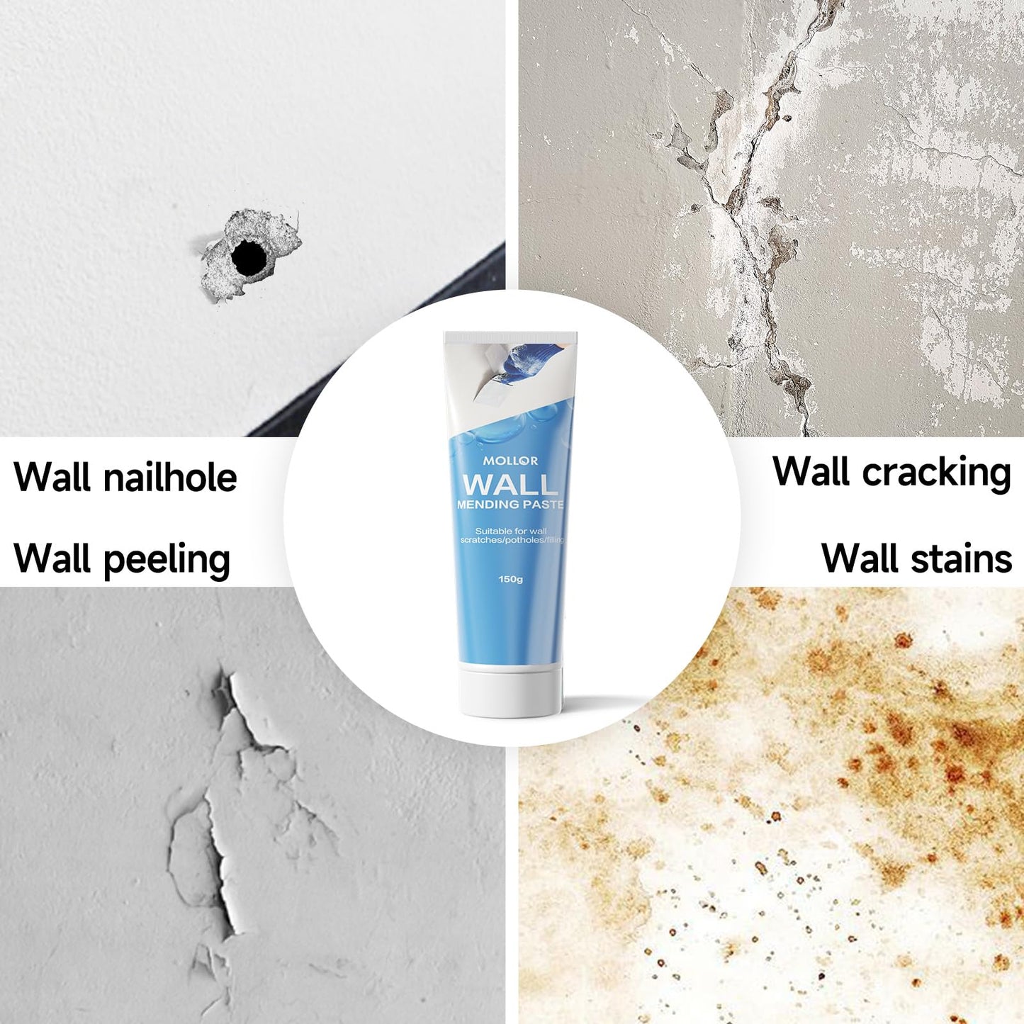 MOLLOR Drywall Repair Kit Wall Patch, 150g Spackle Wall Repair Paste with Scraper, Wall Mending Agent Quick and Easy Solution to Fill The Holes for Home Wall, White Repair Putty Plaster Dent