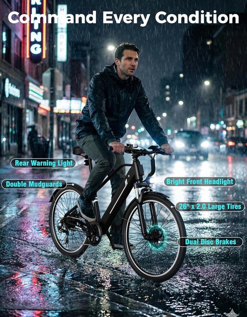 Jasion 26" Electric Bike - 1200W Peak Motor, Removable Battery, 3 Modes, 50 Miles Range, City Commuter