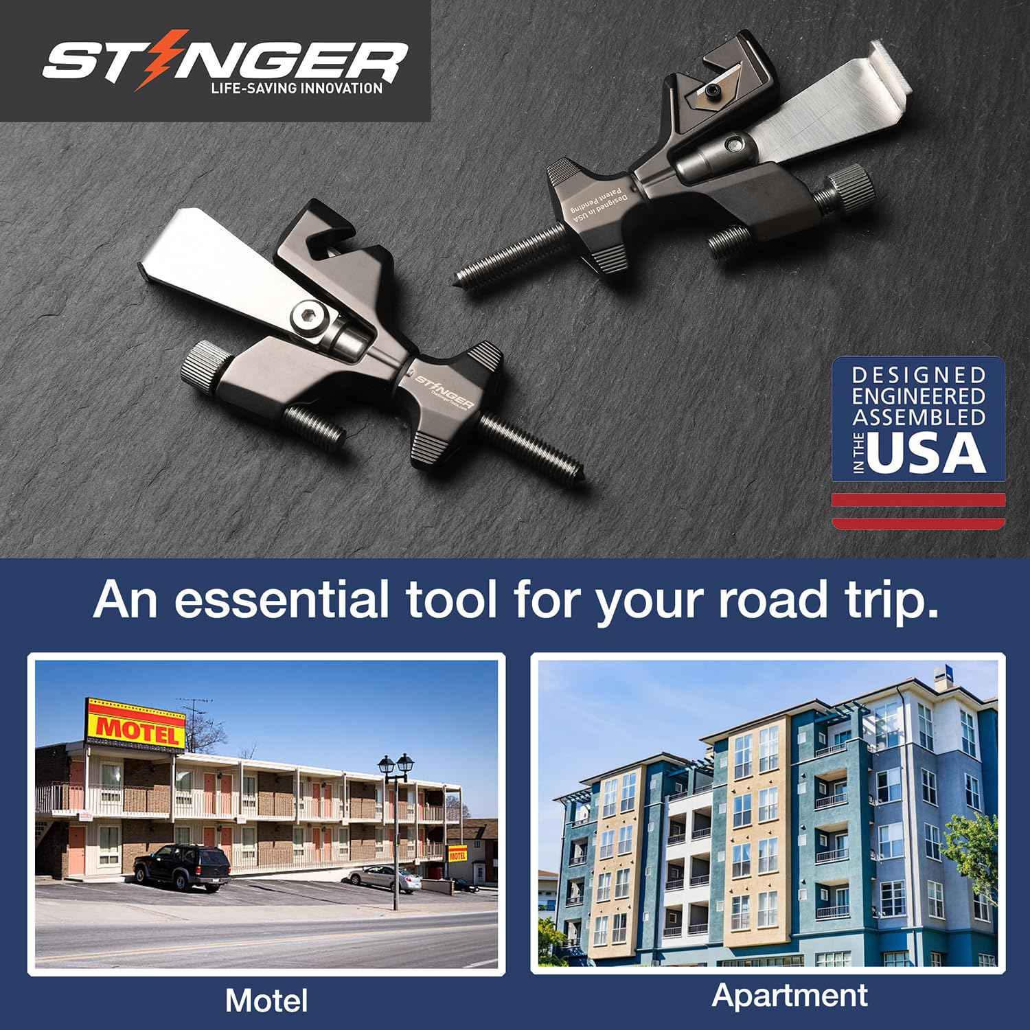 Stinger Portable Door Lock for Travel, Travel Door Lock with Seat Belt Cutter and Glass Breaker | Home and Hotel Room Security Device