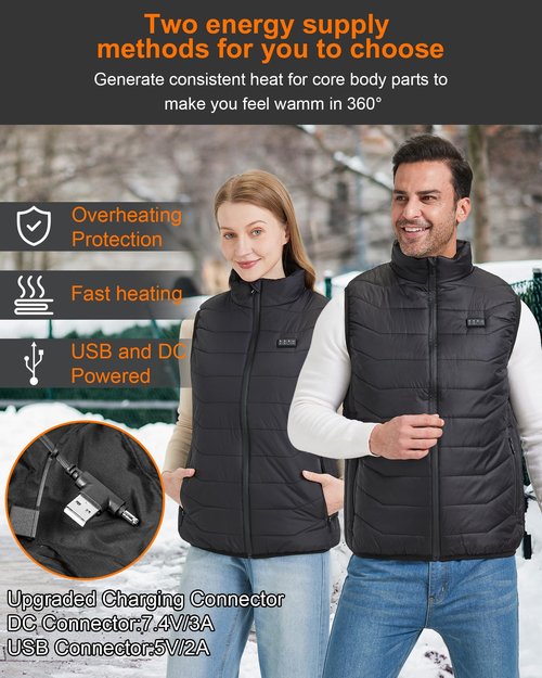 Heated Vest, No Battery Pack, Dual Power 5V 2A USB Port & 7.4V DC, 4 Switch Controls, Lightweight Breathable Windproof Polyester for Men Women, Cycling