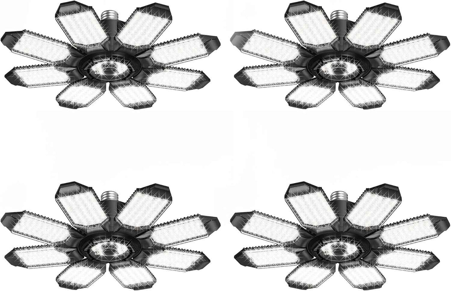 250W LED Garage Lights - 25,000LM Deformable Ceiling Light with 8 Adjustable Panels, E26/E27 Socket - 4 Pack