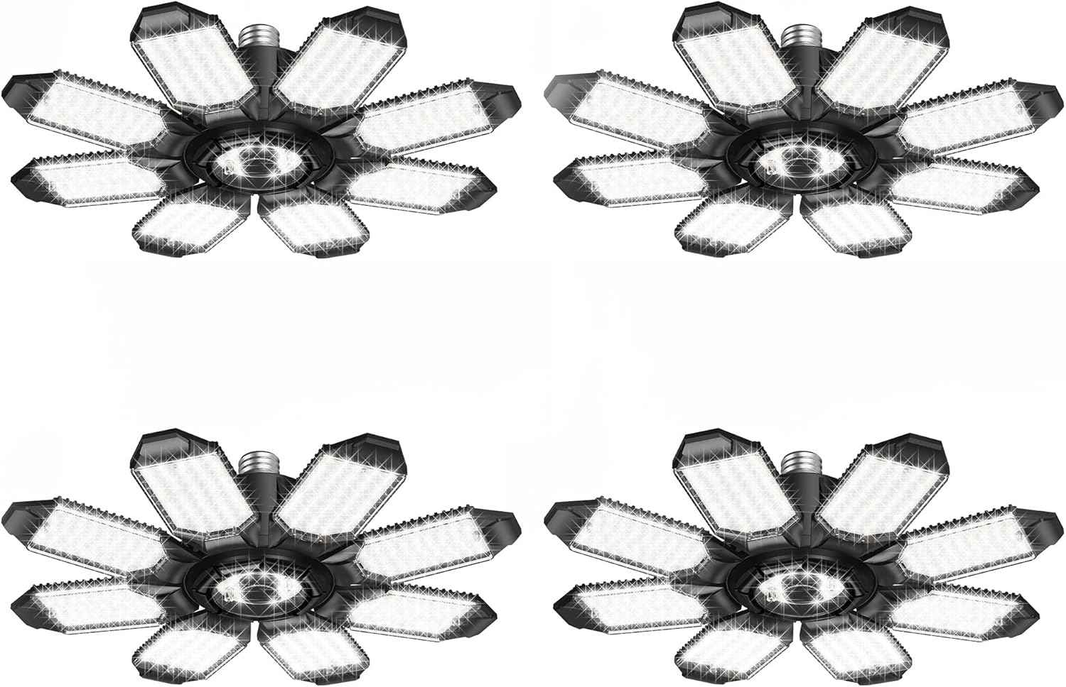 250W LED Garage Lights - 25,000LM Deformable Ceiling Light with 8 Adjustable Panels, E26/E27 Socket - 4 Pack