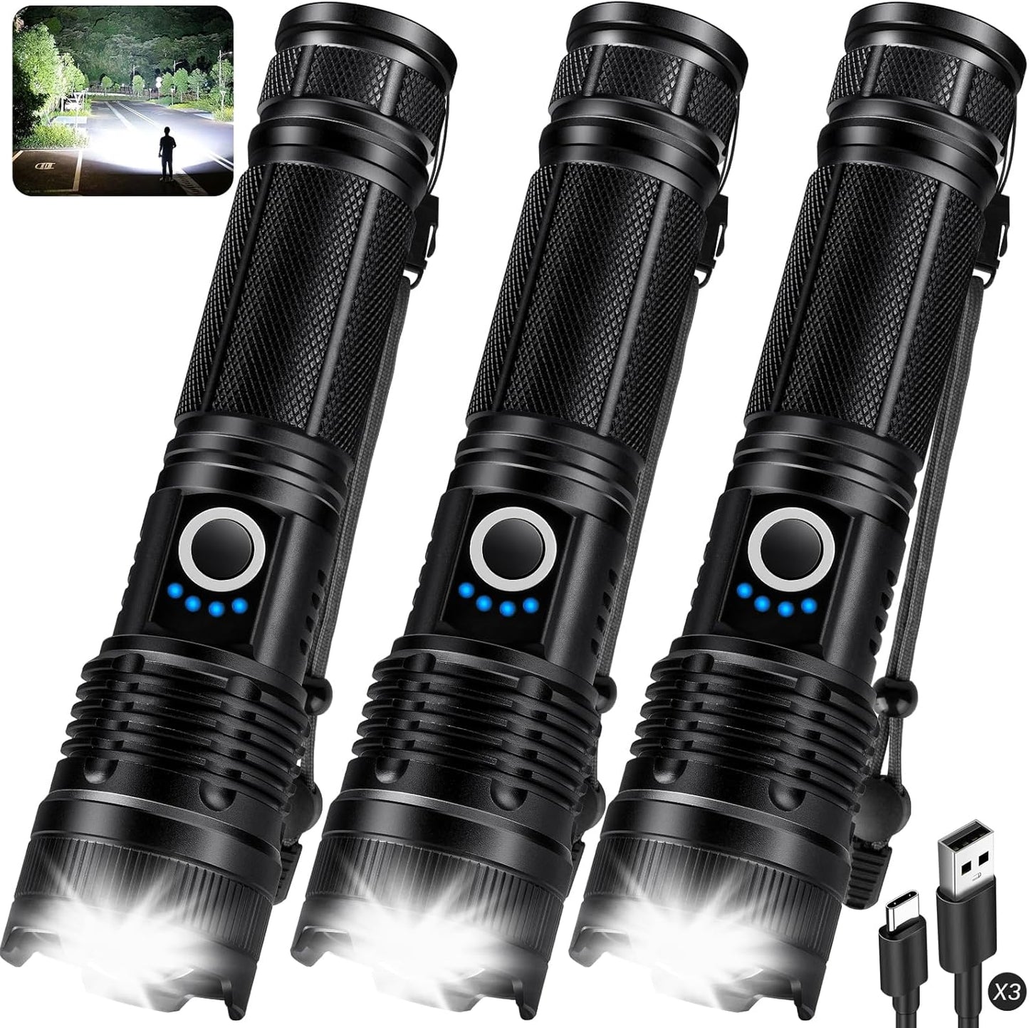 Super Bright Rechargeable Flashlight - 90,000 Lumens, 5 Modes, IPX7 Waterproof - 3 Pack for Home & Camping