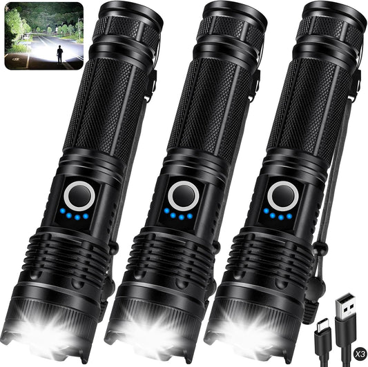 Super Bright Rechargeable Flashlight - 90,000 Lumens, 5 Modes, IPX7 Waterproof - 3 Pack for Home & Camping