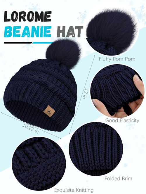Winter Scarf Hat Earmuffs Gloves, Navy Blue Ear Warmer Knitted Beanie Touch Screen Gloves Check Warm Scarf for Women Winter