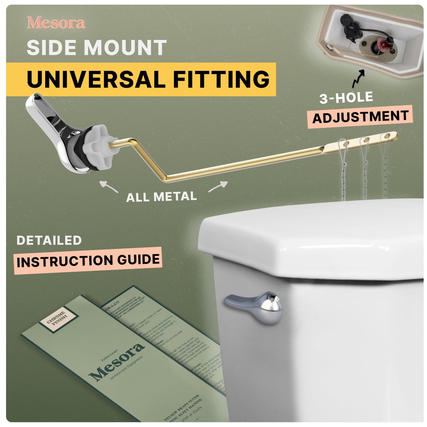Mesora Universal Metal Side Mount Toilet Handle Replacement Kit with Flapper Chain, Pure Brass and Aluminum, Compatible with Most Toilets - Chrome