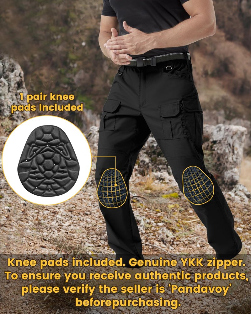 PandaVoy Men's Stretch Tactical Work Pants with Removable Knee Pads, Water-Resistant Ripstop Cargo Pants for Outdoor & Hiking Lightweight Slim Fit Black 32,30
