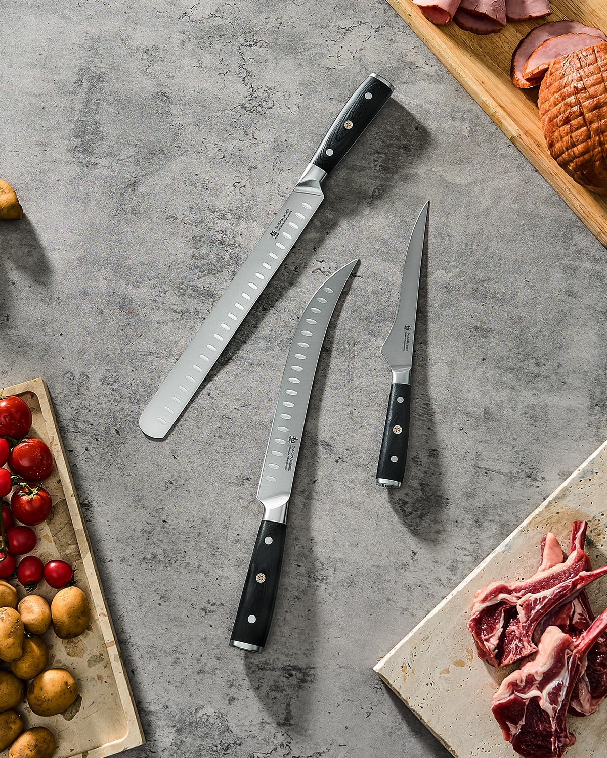KYOKU 3pc Kitchen Knife Set, Samurai Series 6.5" Boning Knife 12" Slicing Knife 10" Butcher Knife Set, High Carbon Steel Japanese Knives with Pakkawood Handle Sheath for Meat Fruit Vegetable