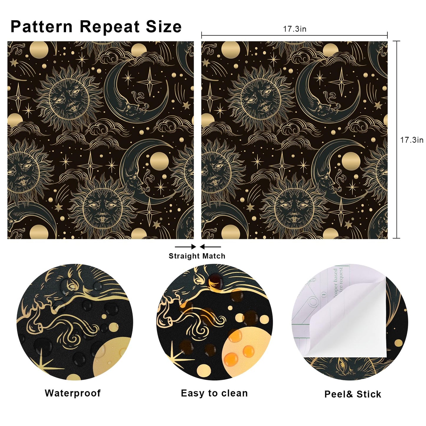 WENMER Celestial Wallpaper 17.3” X 118” Gothic Peel and Stick Wallpaper Dark Brown and Yellow Contact Paper Sun/Moon/Star Wallpaper Self Adhesive Vintage Night Sky Wallpaper for Bathroom Bedroom
