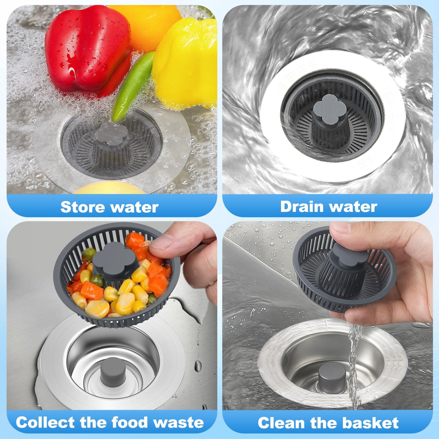 Universal 3 in 1 Kitchen Sink Drain Strainer Kit, SUS304 Stainless Steel Pop-up Kitchen Drain Stopper with Strainer Basket, Fast Drainage Kitchen Sink Plug for Standard 3-1/2 Inch Drain, Silver