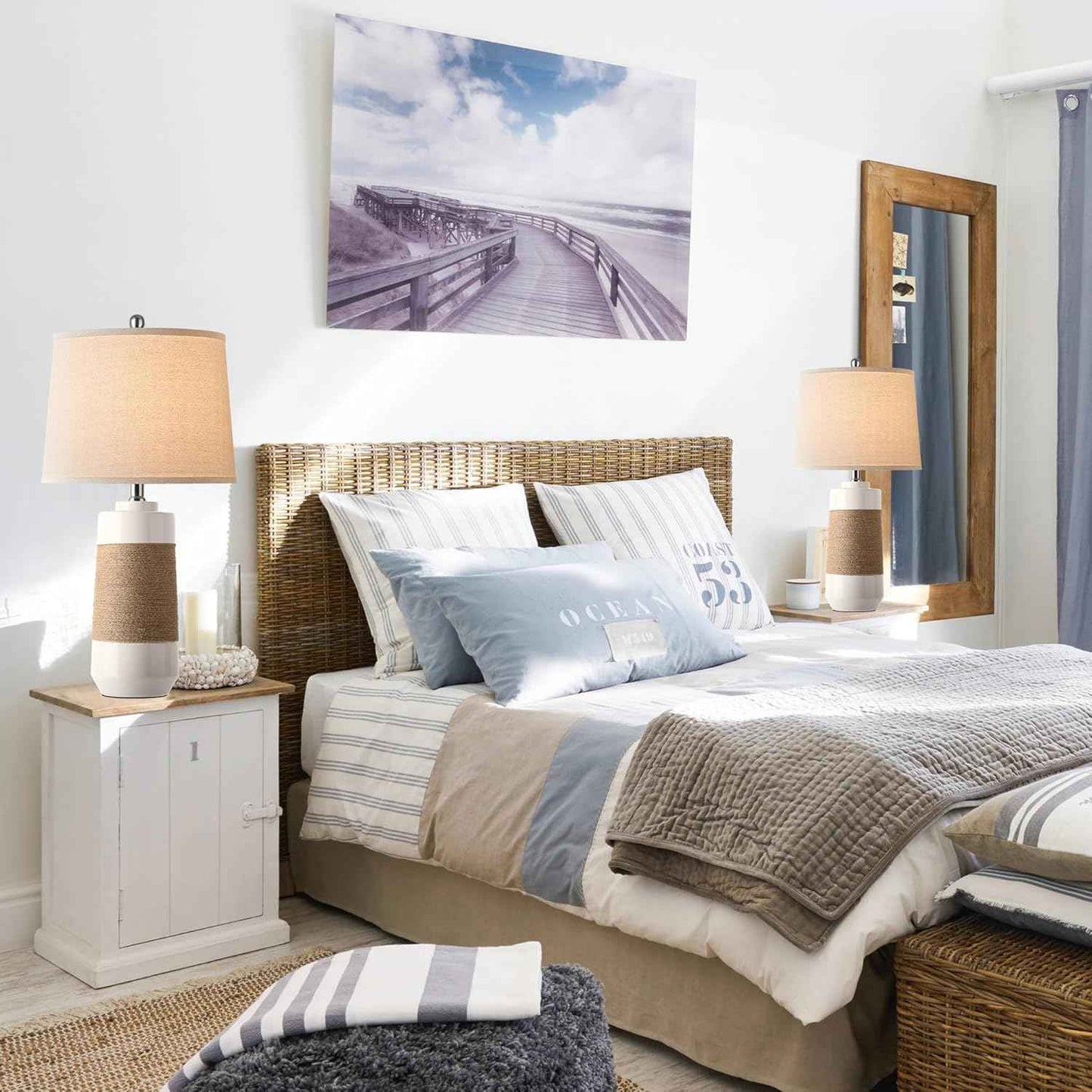 Set of 2 White Boho Ceramic Coastal Lamps with Rope - Nautical Bedside & Living Room Lighting