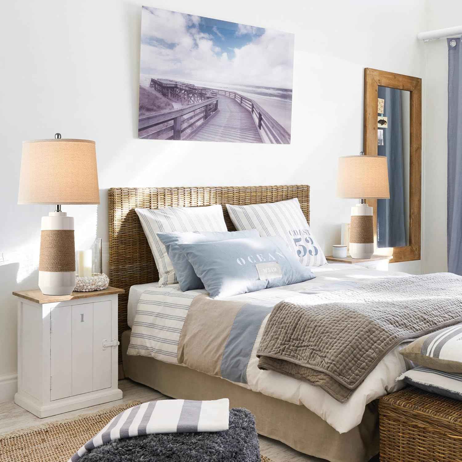 Set of 2 White Boho Ceramic Coastal Lamps with Rope - Nautical Bedside & Living Room Lighting