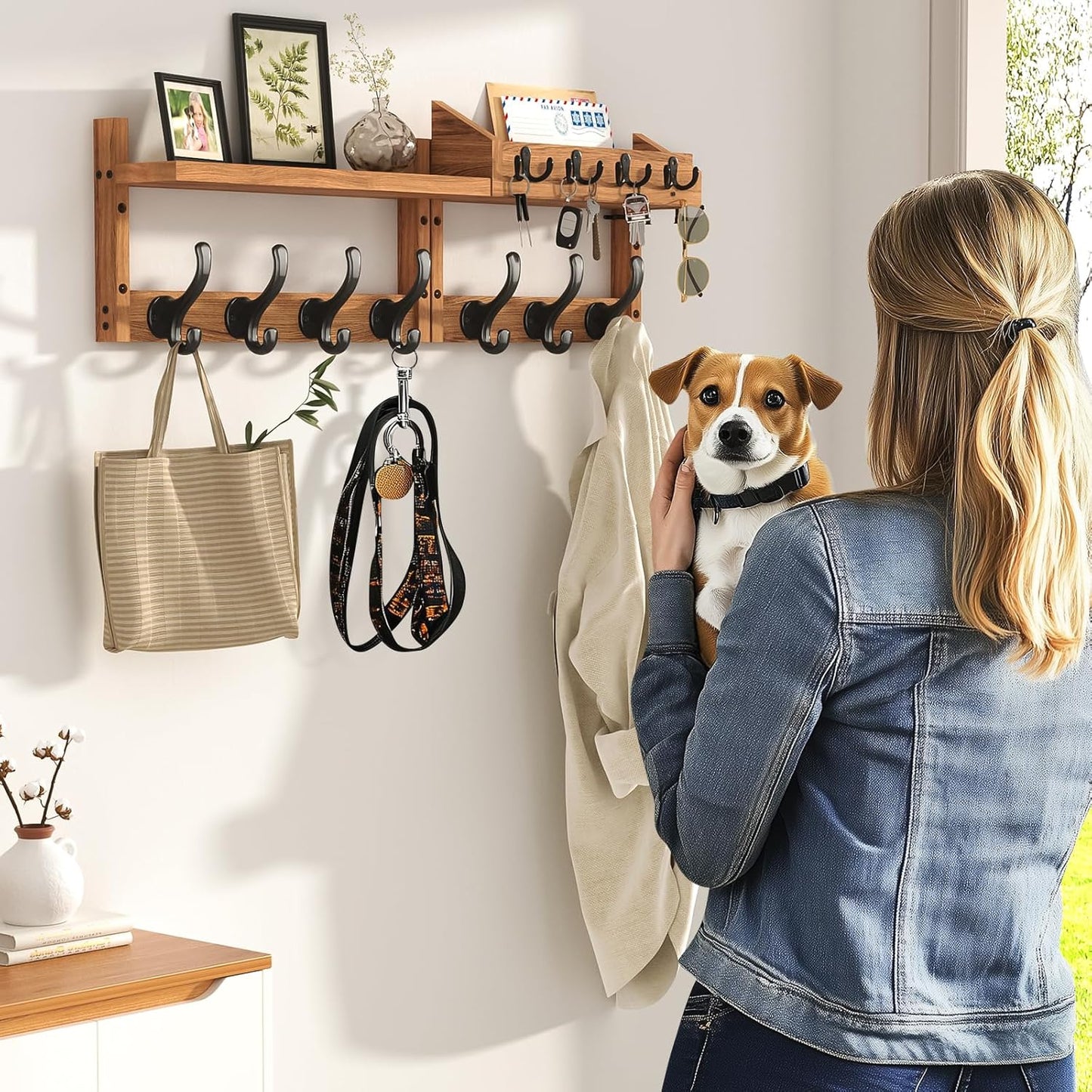 29" Wall-Mounted Coat Rack with Shelf & 11 Hooks - Entryway Key Holder & Mail Organizer