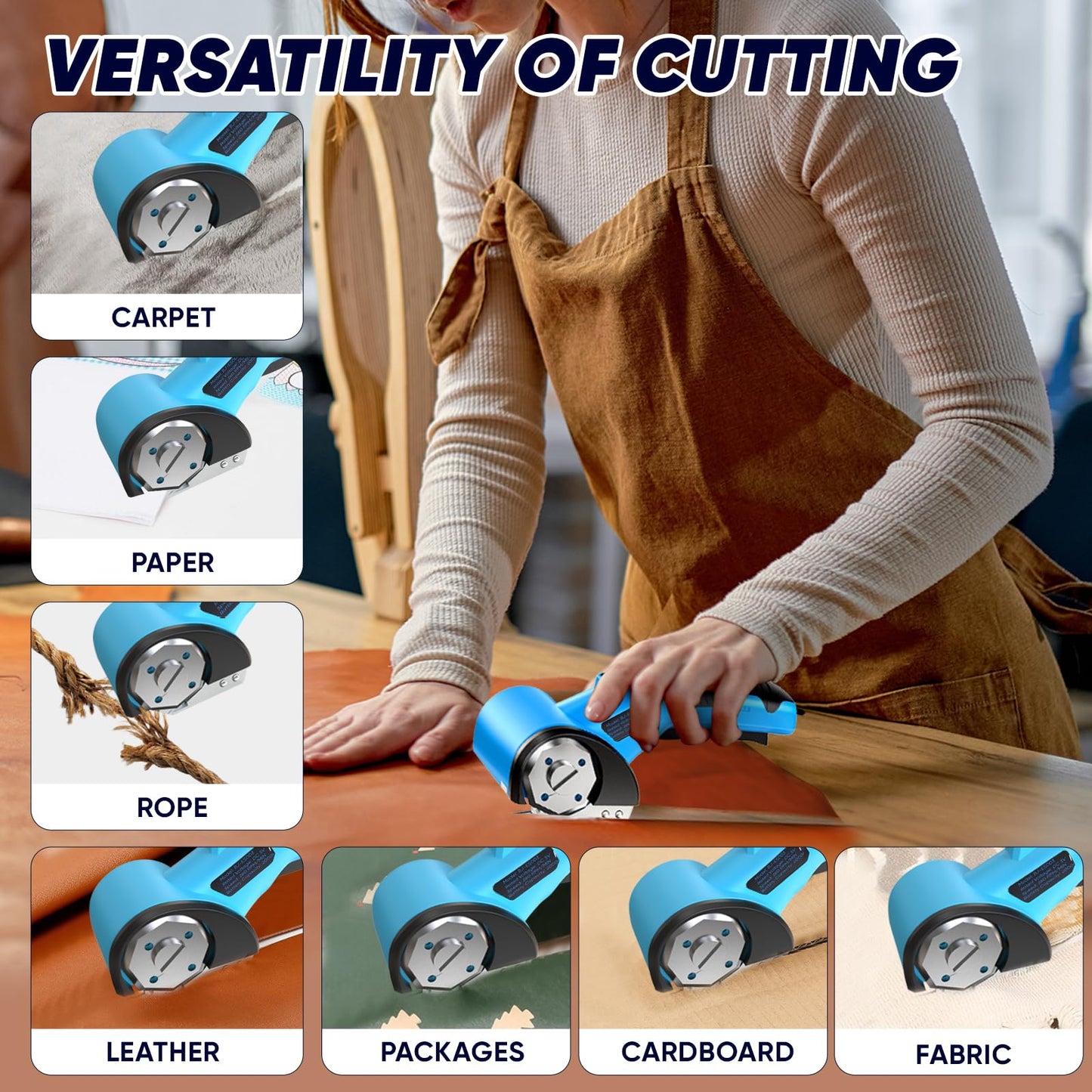 Cordless Electric Scissors, 5V Rechargeable Cardboard Box Cutter Heavy Duty Rotary Tool with Safety Lock & LED Light for Cardboard, Fabric, Box (Blue)